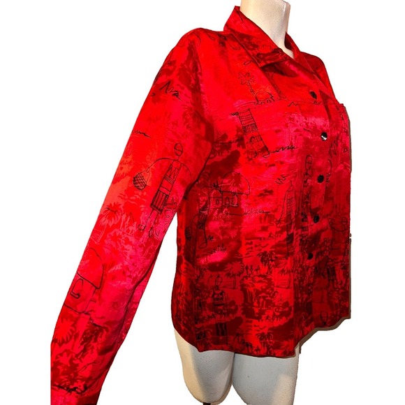 Chico's Red Silk Linen Blend Button Front Shirt Tropical Print Size L (2) Artsy - Picture 3 of 8